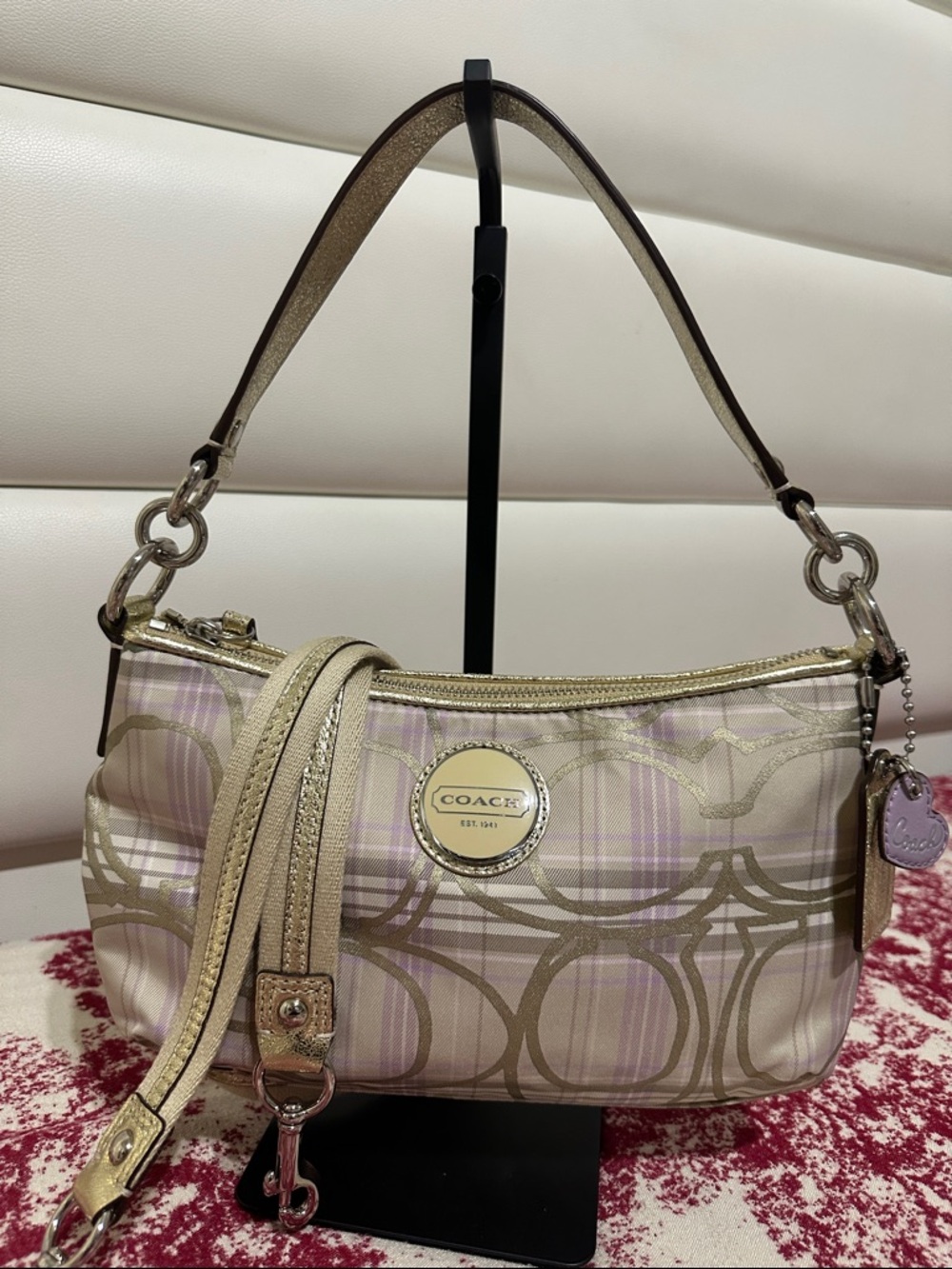 COACH Metallic Beige & Lilac Plaid Signature Shoulder Bag - Picture 1 of 16